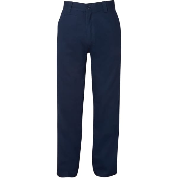 Navy work trousers with a straight-leg design, featuring pockets and a waistband. Includes a branding logo.