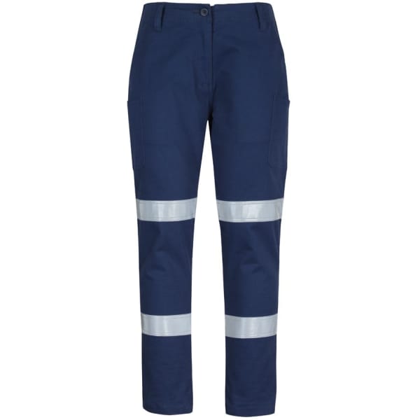 Navy stretch twill pants featuring reflective D+N tape with multiple pockets and a logo.