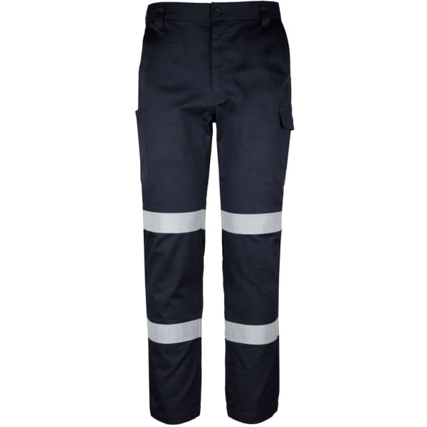 Navy twill pants featuring multiple pockets and reflective D+N tape stripes for visibility. Includes a branding logo.