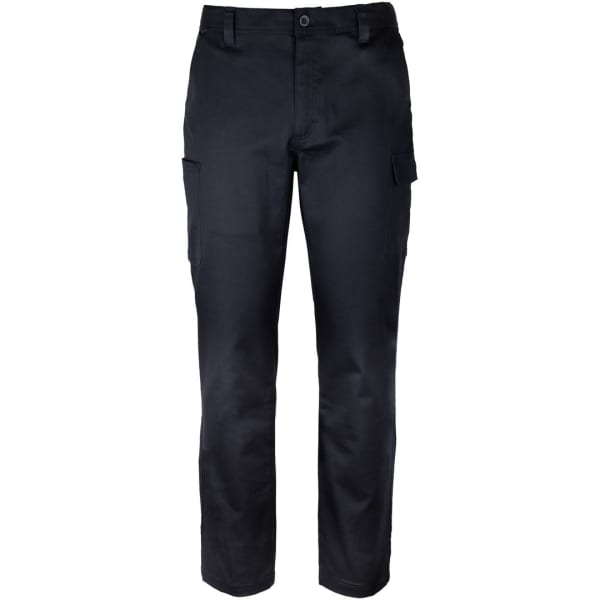A pair of navy stretch twill pants featuring multiple pockets and a classic fit, with a branding logo.