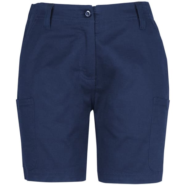 A pair of navy blue twill shorts featuring multiple pockets and a button closure.