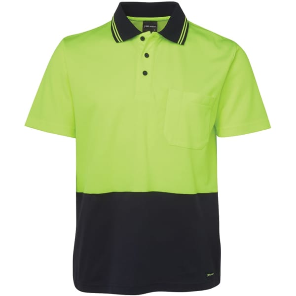 A short-sleeved polo shirt in bright lime green with a navy blue bottom and a chest pocket. Features a logo.