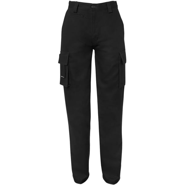 Navy pants featuring multiple pockets, including cargo-style, and a logo on the side.