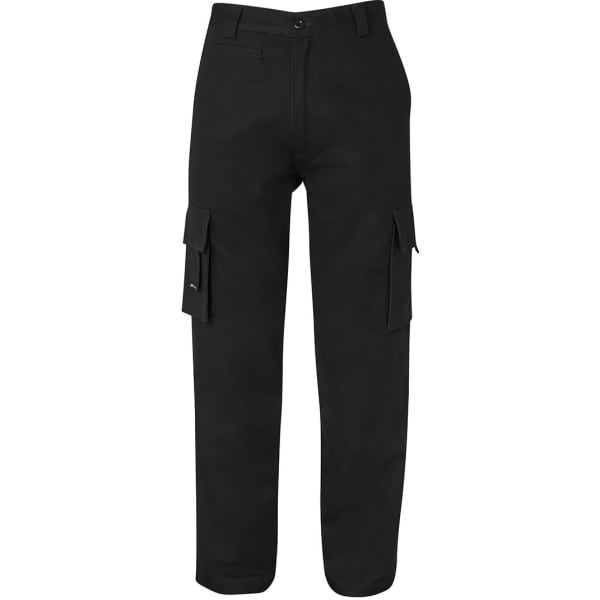 Black multi-pocket pants with two side cargo pockets and a button closure, featuring a subtle logo branding.