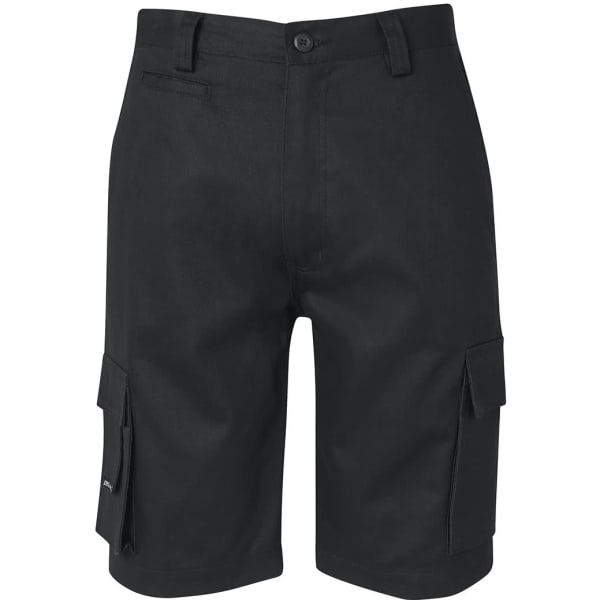 A pair of black cargo shorts featuring multiple pockets and a button closure, designed for practicality.