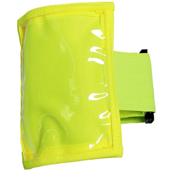 A bright yellow plastic pocket sleeve band, featuring a transparent pocket and elastic strap. It includes a logo.
