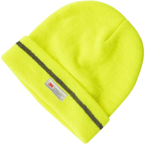 A lime green beanie with a reflective stripe and a logo.