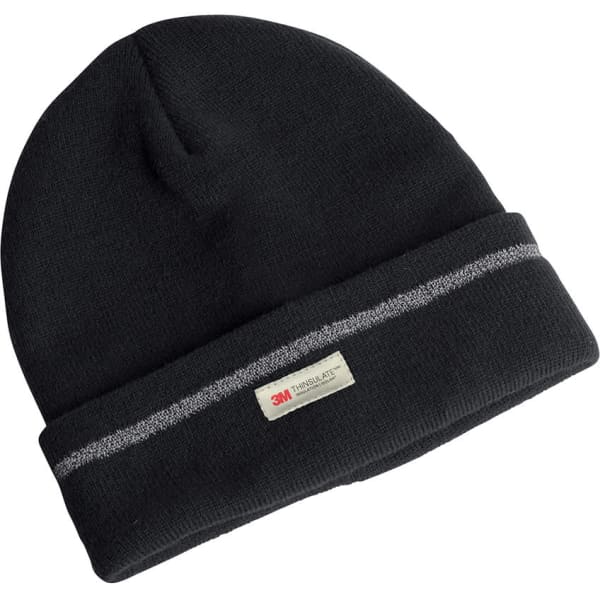 A black beanie with a reflective stripe, featuring a logo on the front.
