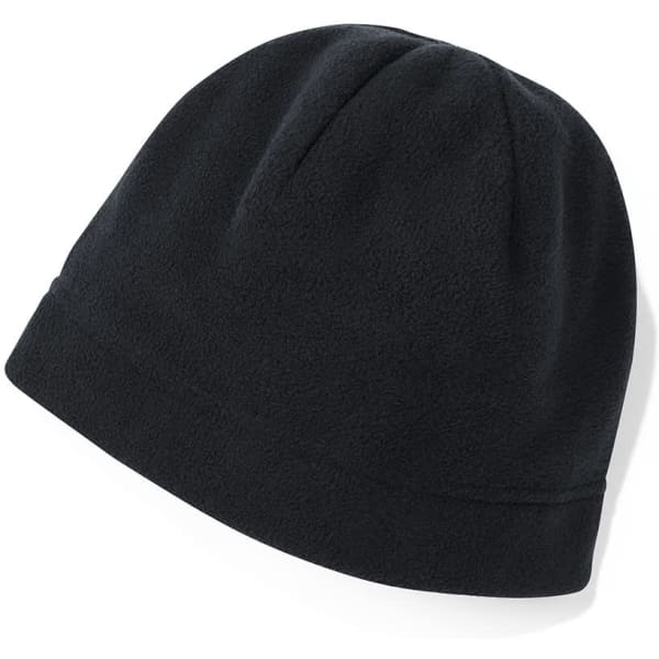 A black fleece beanie with a rounded top and a band at the base, featuring a logo.