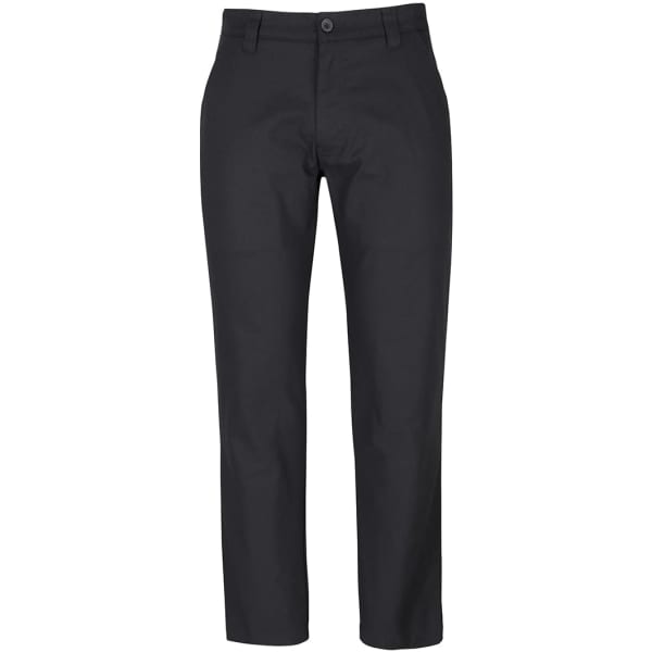 A pair of black stretch canvas trousers featuring a classic design and a waistband with a button.