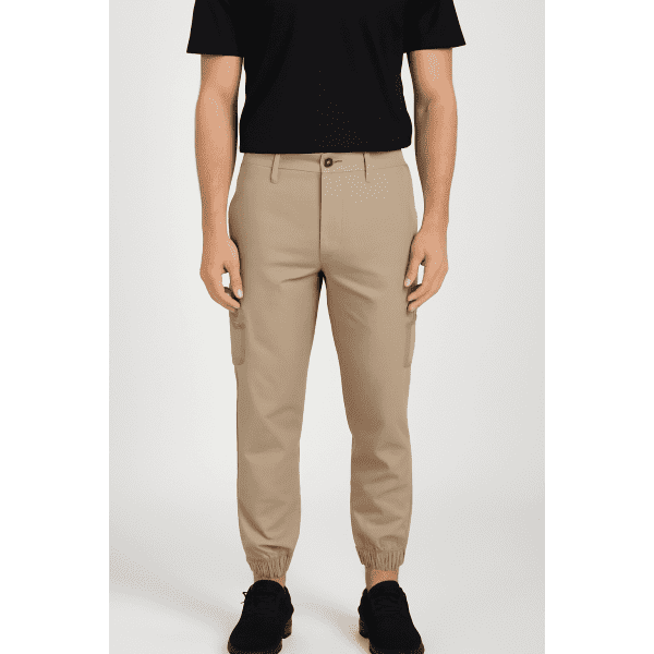 A pair of khaki joggers with stretch canvas fabric and multiple pockets, featuring elastic cuffs and a logo.