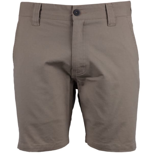 A pair of brown stretch canvas shorts with a button closure and a branded label.