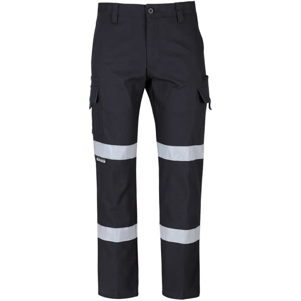 A pair of navy work pants featuring multiple pockets and reflective stripes. The design includes a logo.