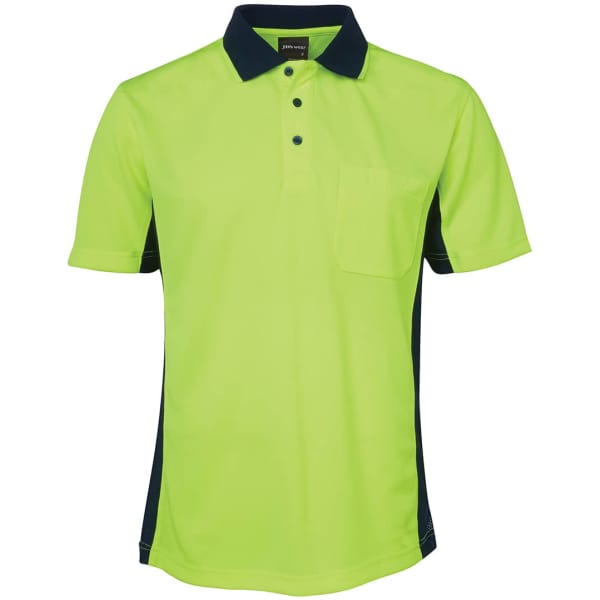 A bright lime green short-sleeve sport polo with a navy blue collar and side panels, featuring a chest pocket.