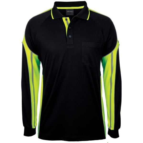 A black long-sleeve polo with fluro green accents and a chest pocket, featuring a logo.