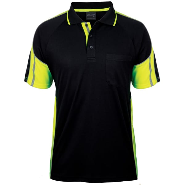 A black polo shirt with fluorescent yellow sleeves and trim, featuring a pocket and a logo.