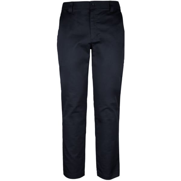 A pair of navy stretch twill pants with a straight leg and a front fastening. Features a logo on the waistband.
