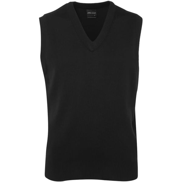 A black knitted vest with a V-neck design and no sleeves, featuring a logo at the neck.
