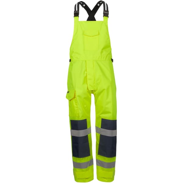 A pair of waterproof bib and brace overalls in high-visibility yellow with navy accents and reflective stripes.