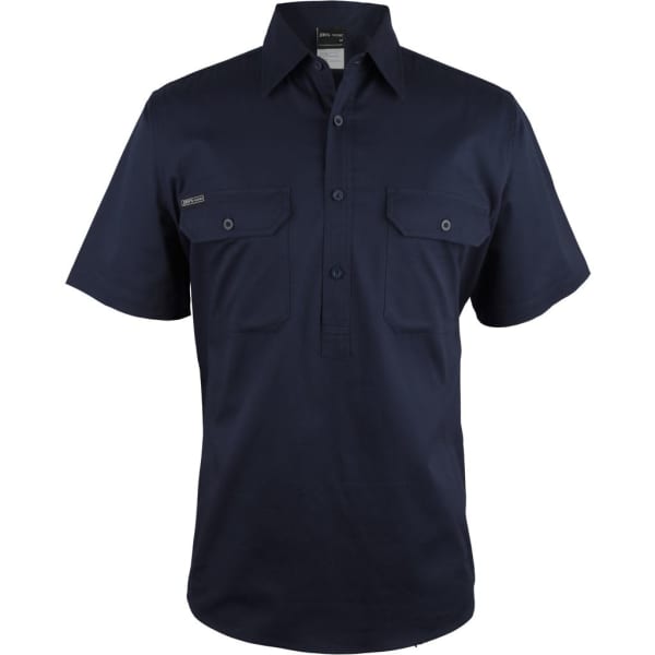 A navy blue short-sleeve work shirt with a close front design and two front pockets. Features a logo.