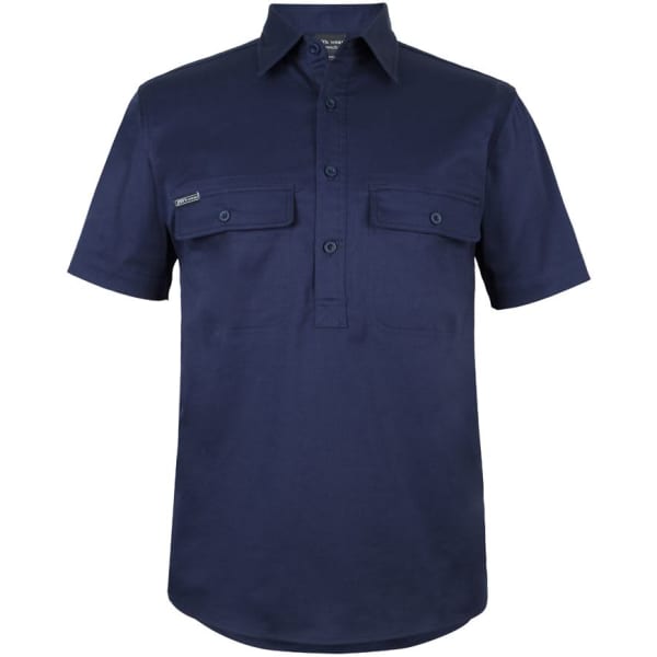 A navy short-sleeve work shirt with a close front and two chest pockets, featuring a logo.
