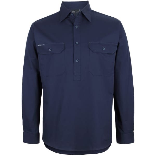 A navy long-sleeve work shirt featuring a close front design and two chest pockets, complete with branding.