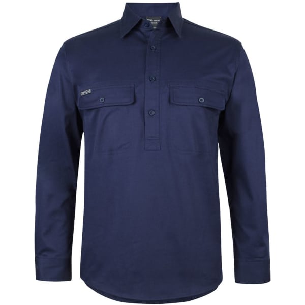 A navy long sleeve work shirt with a close front, featuring two chest pockets and a logo.