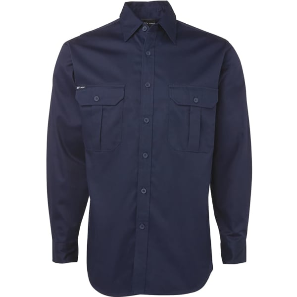 A navy long-sleeved work shirt with two chest pockets and a logo.