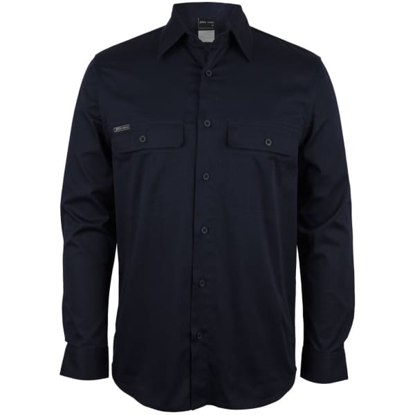 A long-sleeve stretch work shirt in navy, featuring two chest pockets and a logo on the side.