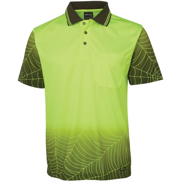 A bright green and brown short-sleeve web polo shirt featuring a spider web design and a pocket. It has a logo.