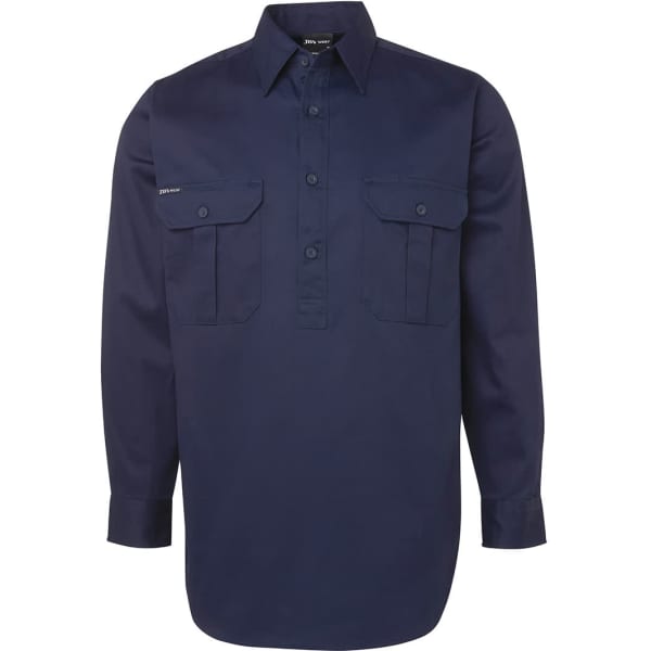 A long-sleeved work shirt in navy blue featuring two chest pockets and a button-up front. It has a logo on the fabric.