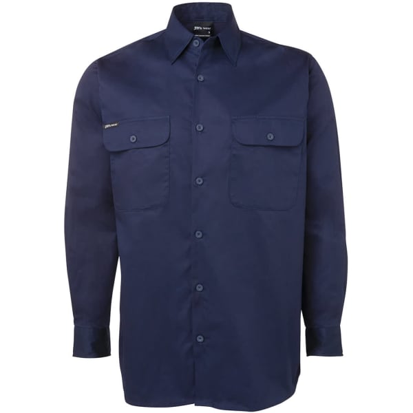 A navy long-sleeve work shirt featuring two chest pockets and a logo on the upper left side.