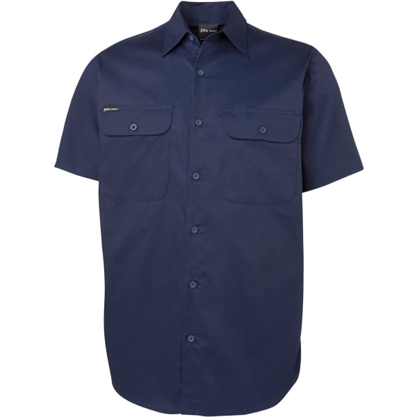 A navy short-sleeve work shirt featuring two chest pockets and a logo.