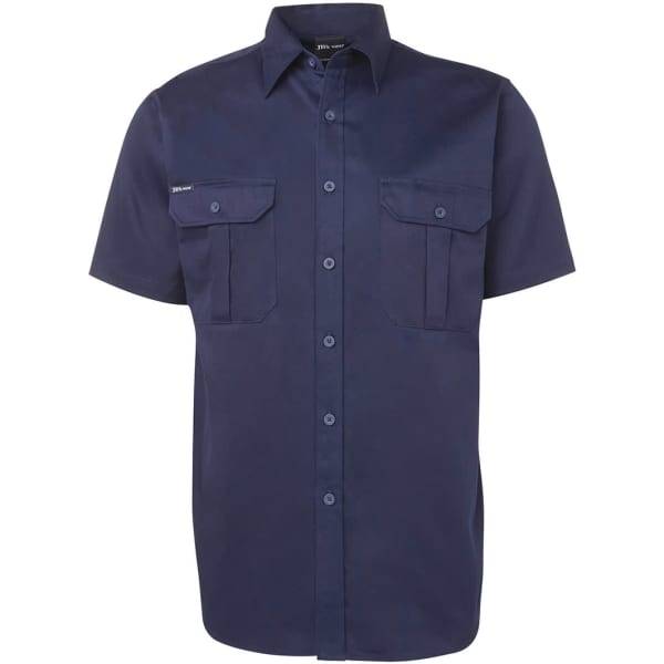 A navy short-sleeved work shirt with two chest pockets and a logo.