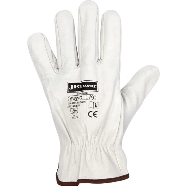A pair of white leather rigger gloves with a brown cuff, featuring a logo and safety certification details.