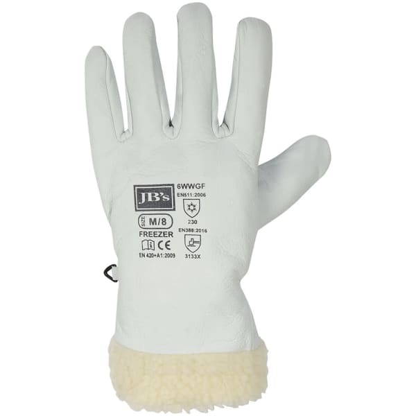 A white freezer rigger glove with a fluffy cuff, featuring a logo and safety information.