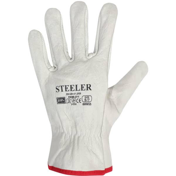 A pair of natural-coloured gloves with a red cuff and a branding logo on the wrist.
