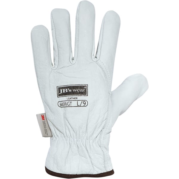 A white leather glove with a dark wrist and a logo present, designed for safety or work use.