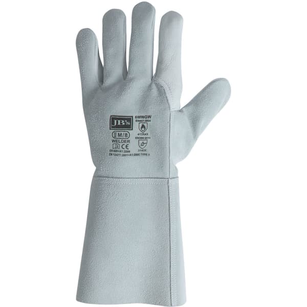 A grey welder glove with a textured surface and a long cuff, featuring a logo on the palm side.