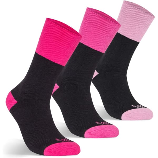 A pack of three ladies' work socks in black with pink accents. Each sock features a different shade of pink at the top.