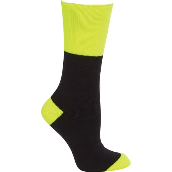 A pair of socks featuring a black base and bright yellow accents, designed for work wear. Includes a logo.