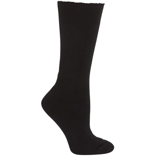 A black sock with a ribbed texture and a mid-calf length, featuring a logo on the side.