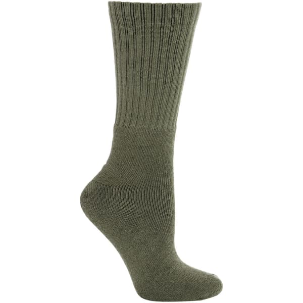 A pair of olive green outdoor socks, featuring ribbed texture and a comfortable fit. Includes a logo.