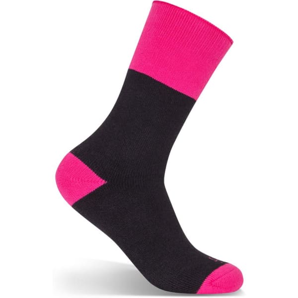 A pair of black and pink socks with a thick design, featuring a solid black body and pink cuffs and heel.