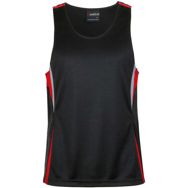 A black singlet with red and grey accents, featuring a logo on the front.