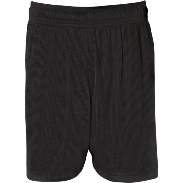 A pair of black mesh sports shorts with an elastic waistband.