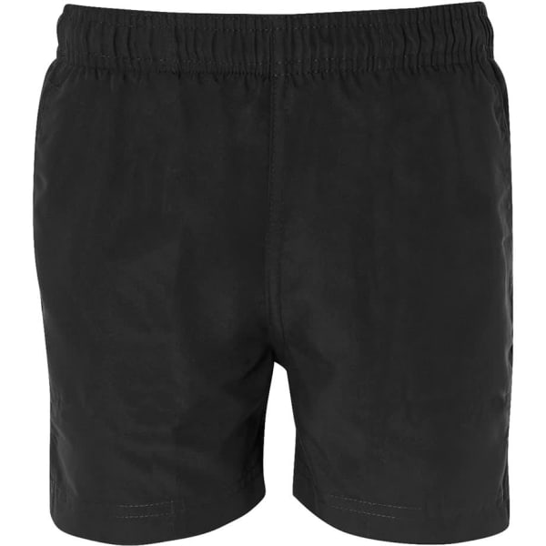 Black swim shorts with an elastic waistband. Simple design and lightweight material.