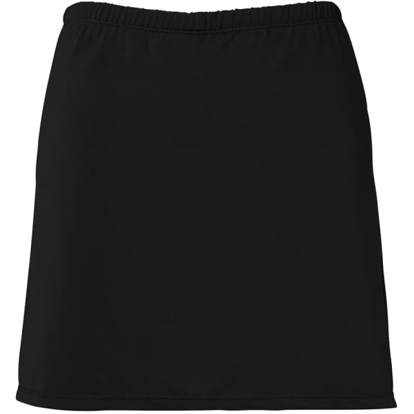 A black skort featuring an elastic waistband and a simple design. It has a logo.