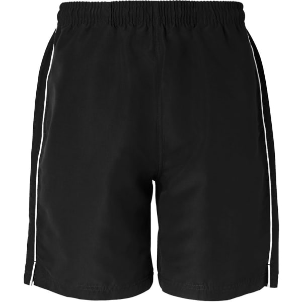 A pair of black shorts with white side stripes and an elastic waistband. The shorts have a simple design and no visible logos.