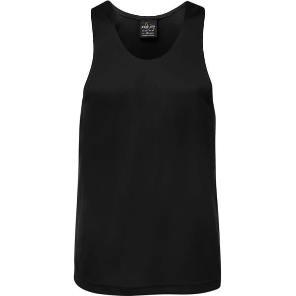 A black poly singlet with a scoop neck and a branded label inside.
